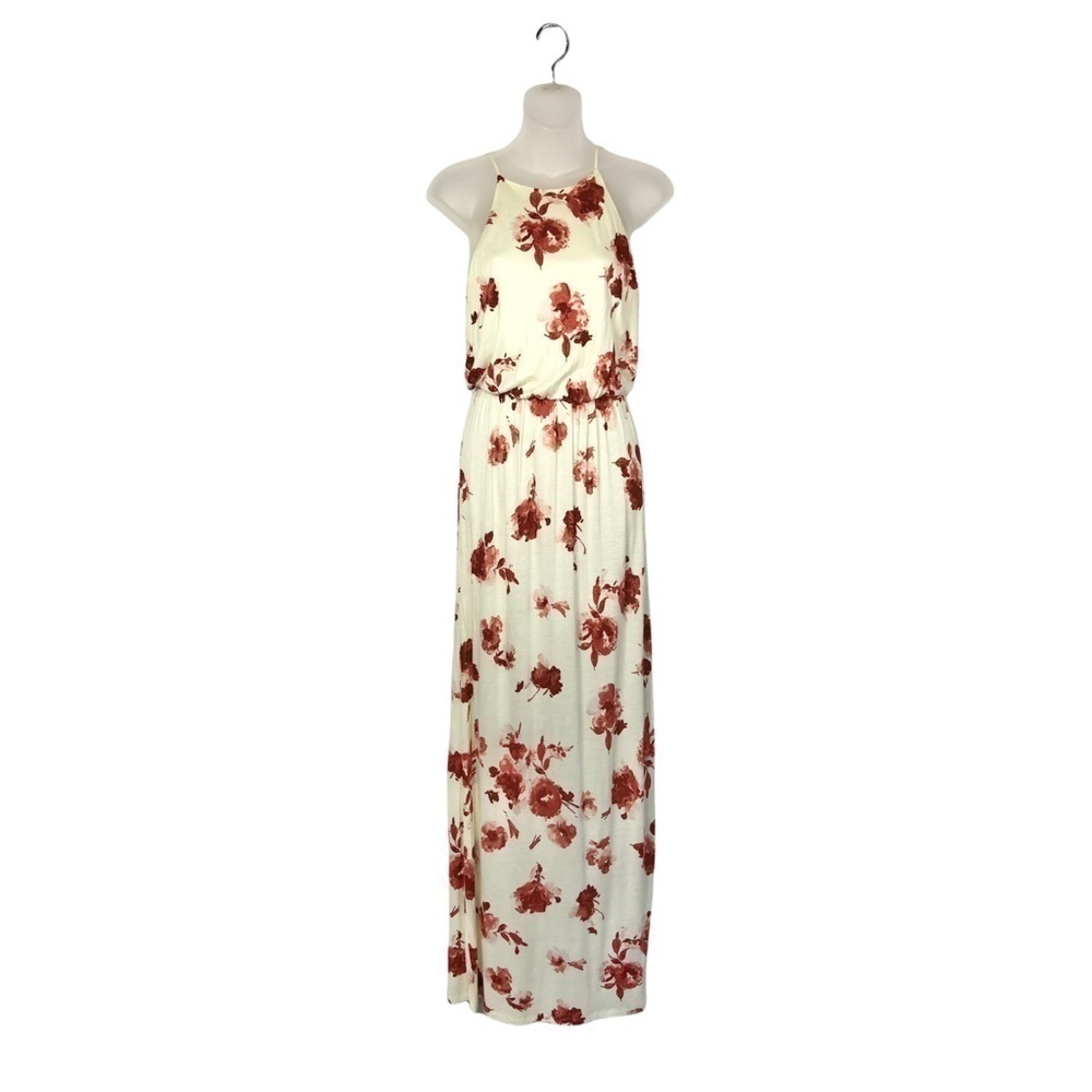 Lush Red Floral Ivory High Neck Long Maxi Dress With Side Slit S